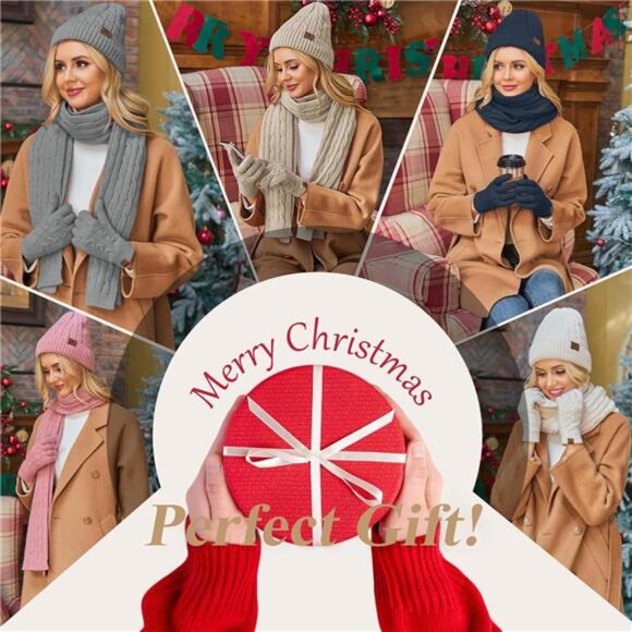 Womens winter beanie scarf gloves set warm knit fleece lined touchscreen hat gif - Picture 5 of 7